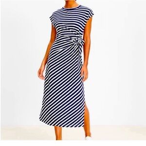 LOFT Navy and White Striped Midi Dress with Side Knot. Dress is long if < 5’6”.